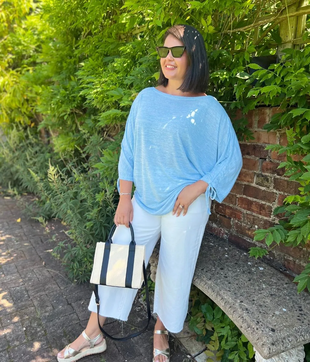 Oversized Fit Blue Ruched Sleeve Top