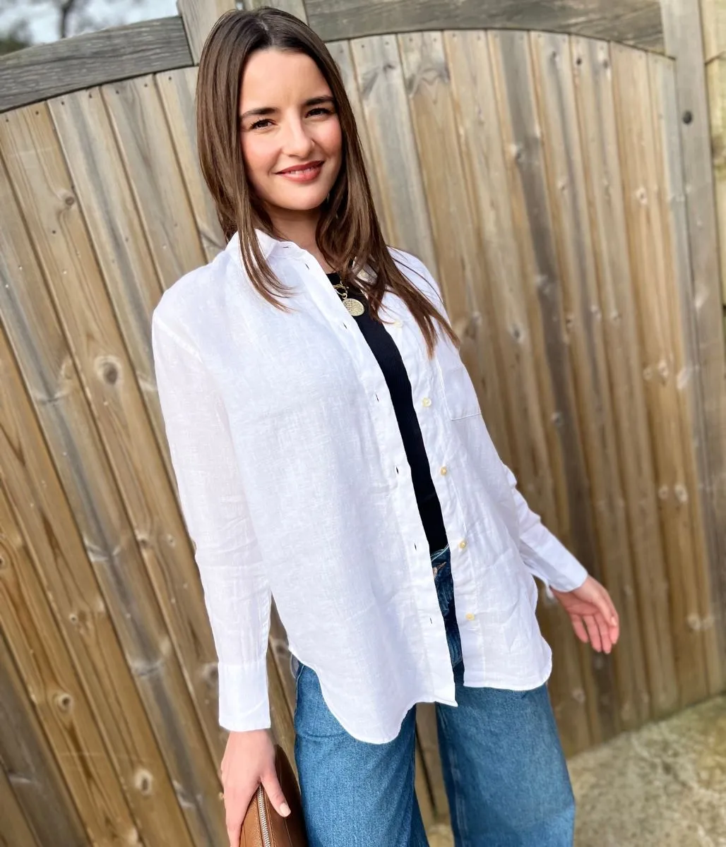 White Pure Linen Relaxed Shirt Simple Cut Flatlock Seam Technique