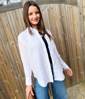 White Pure Linen Relaxed Shirt Simple Cut Flatlock Seam Technique