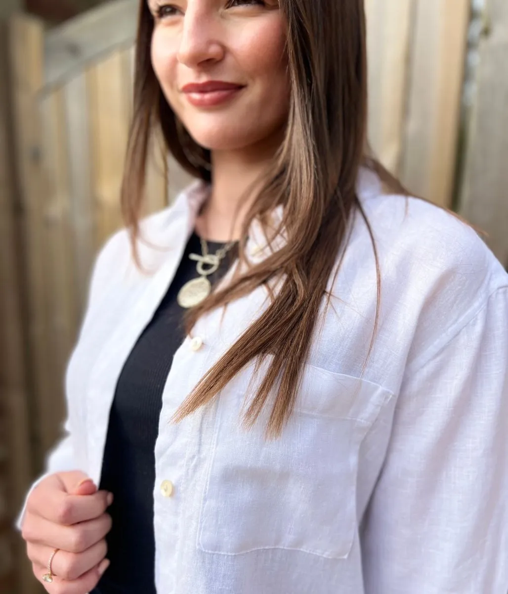 White Pure Linen Relaxed Shirt Stain Resistant Treatment