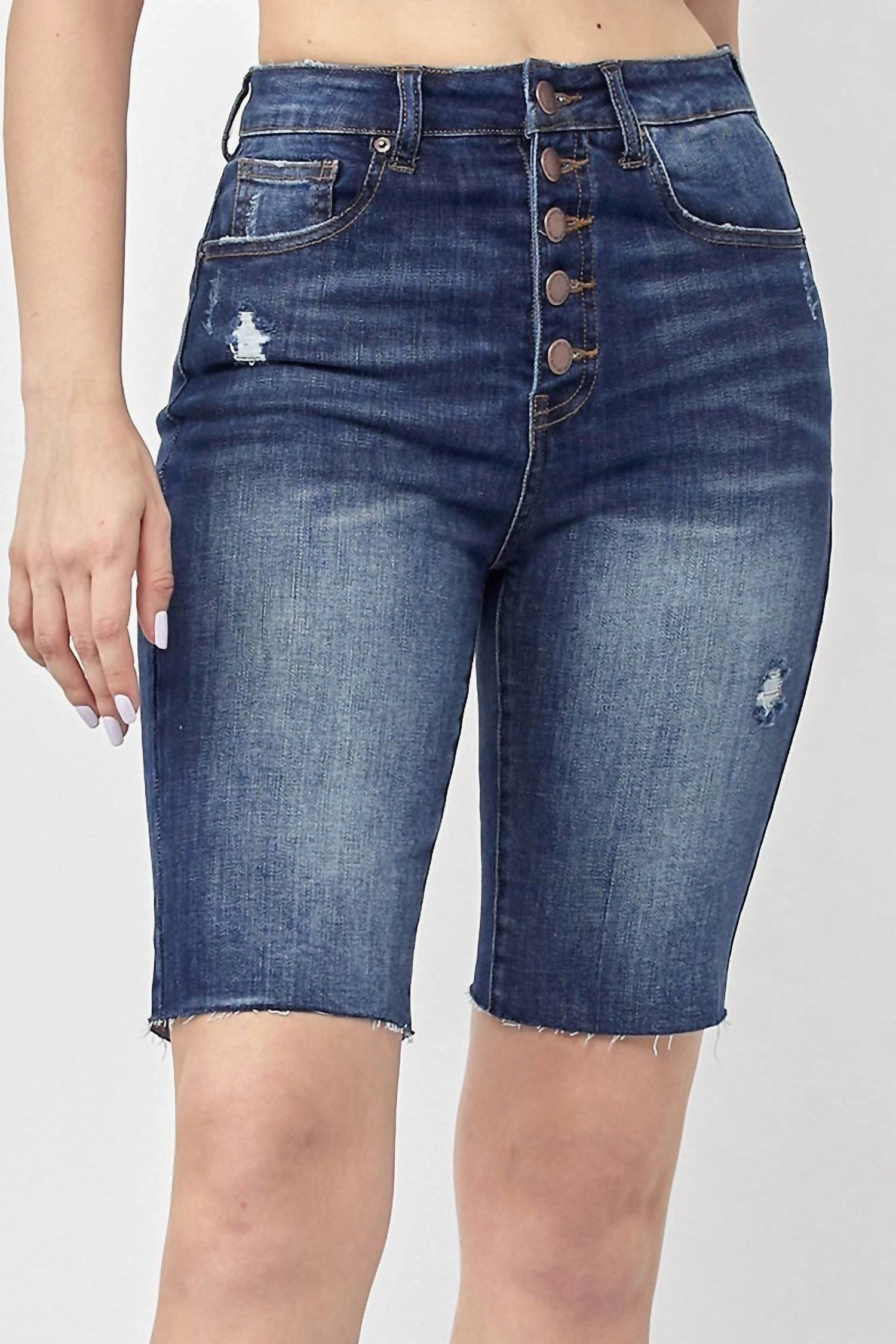 High-Rise Button Fly Bermuda Shorts In Denim Business casual