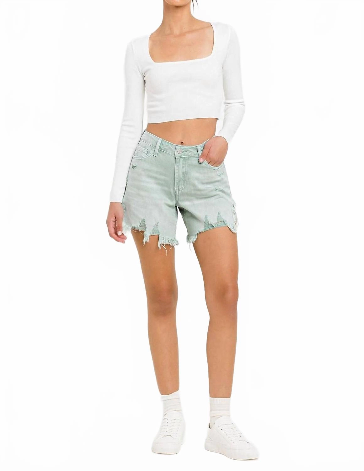 High Rise Side Slit Denim Shorts In Abstracted Glide On Mobility Cut picnic wear