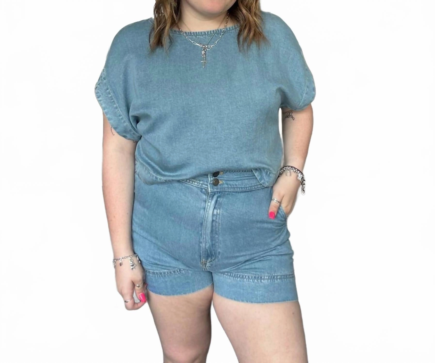 quick-drying High Waist Chambray Mini Shorts In Dusty Blue