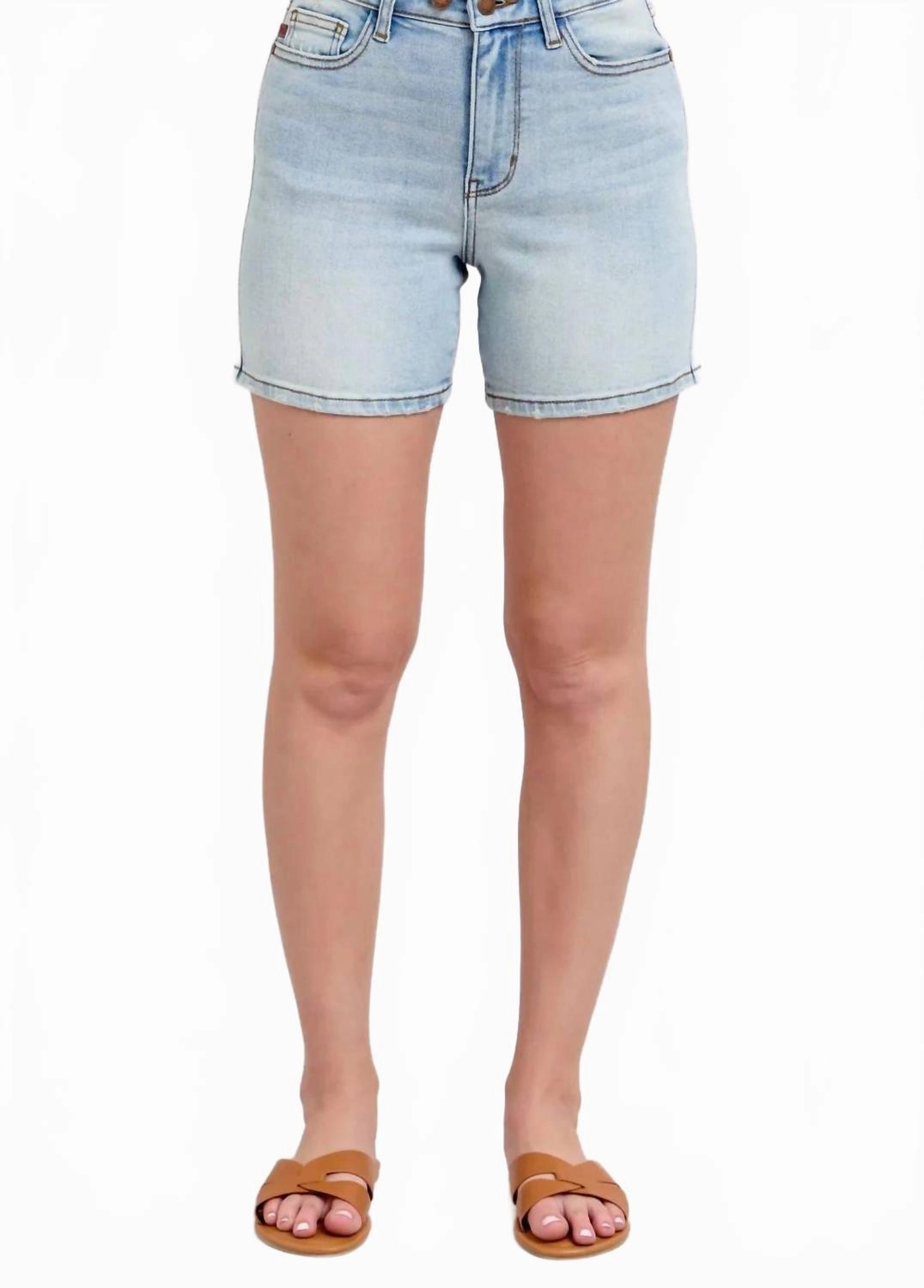 High Waisted Double Button Denim Shorts In Light Durable Material