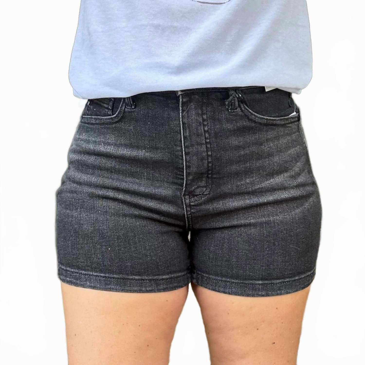 High Waisted Tummy Control Denim Shorts In Black Tennis shorts Anti Slip Grip Technology