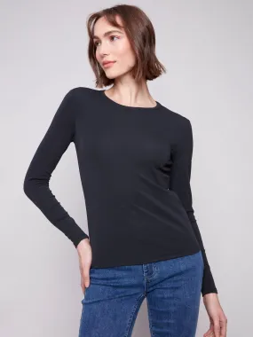 Flexible Material Cotton Blend Long Sleeve Crew Neck Top - Black
