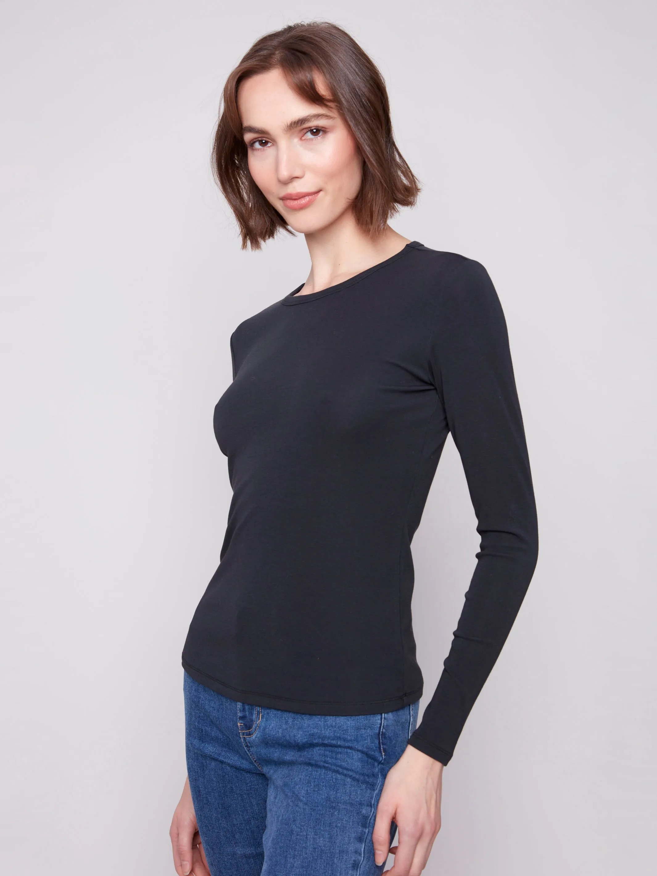 Cotton Blend Long Sleeve Crew Neck Top - Black NonScratchyLining Variable Tension Adjustment