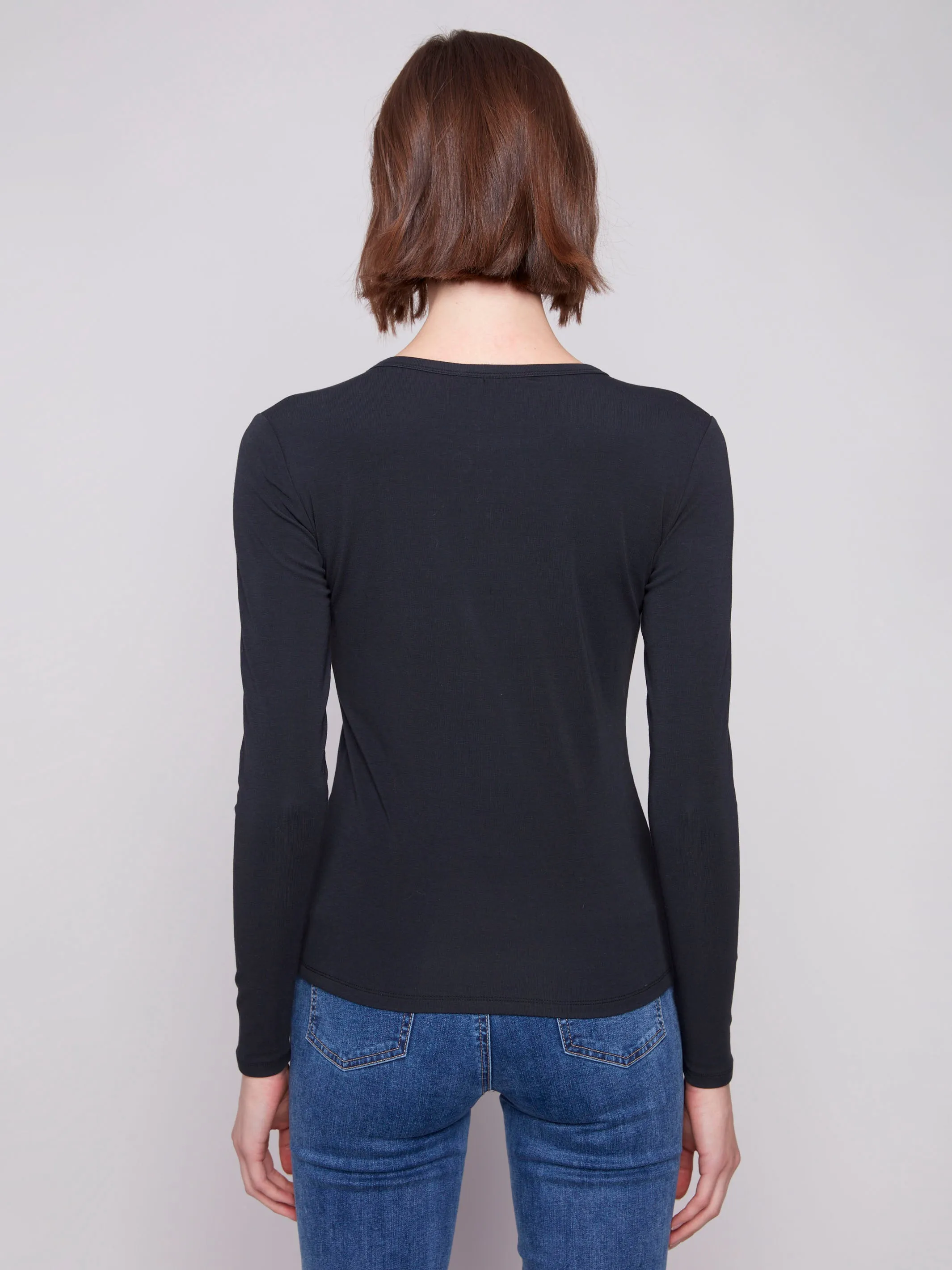 LatticeKnit Cotton Blend Long Sleeve Crew Neck Top - Black