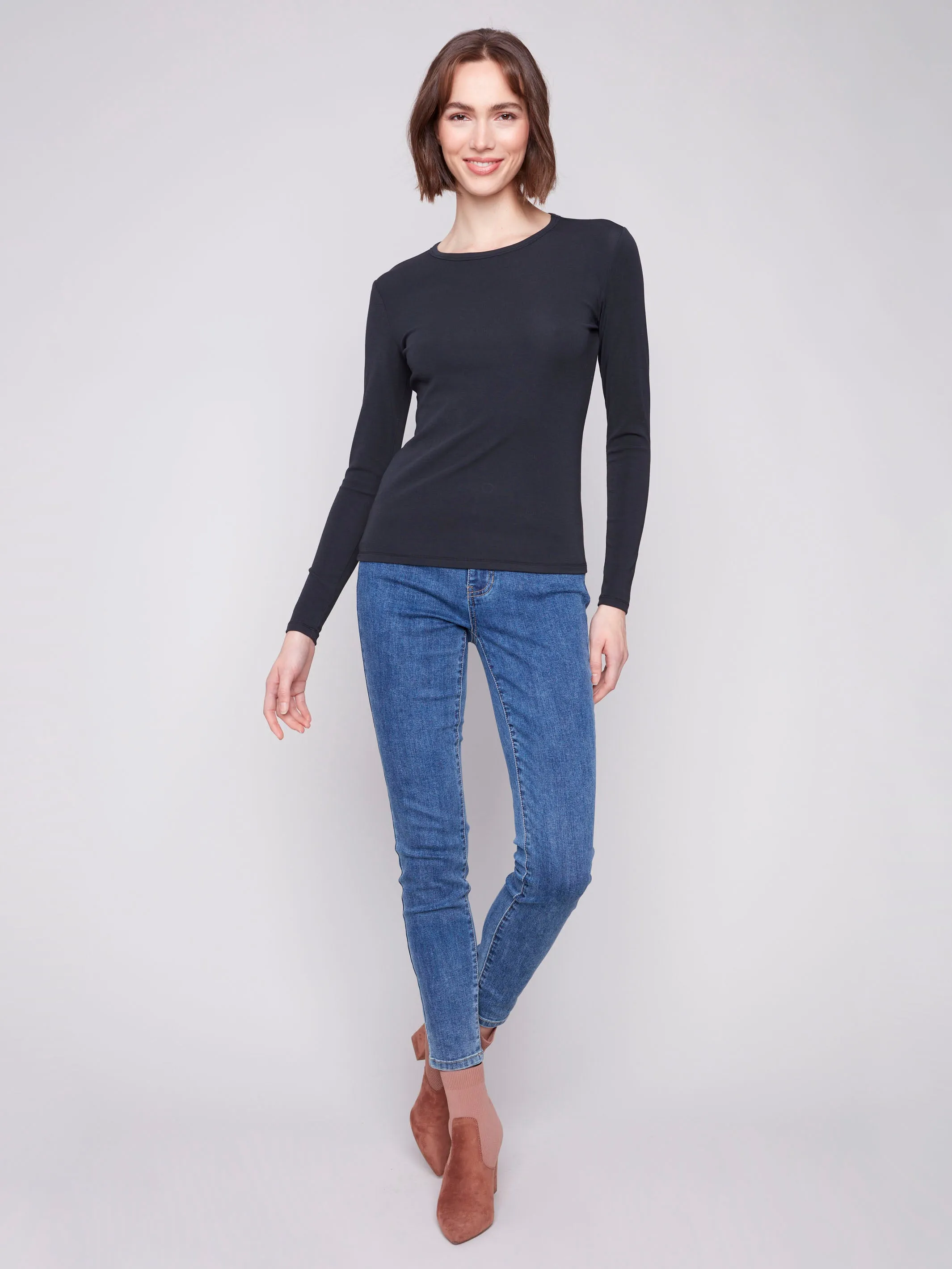 Cotton Blend Long Sleeve Crew Neck Top - Black FourWay Stretch Fabric