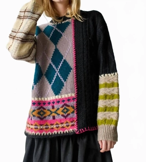 Soft Layers Essential Warmth Hutton Patchwork Crewneck Sweater In Black Patchwork