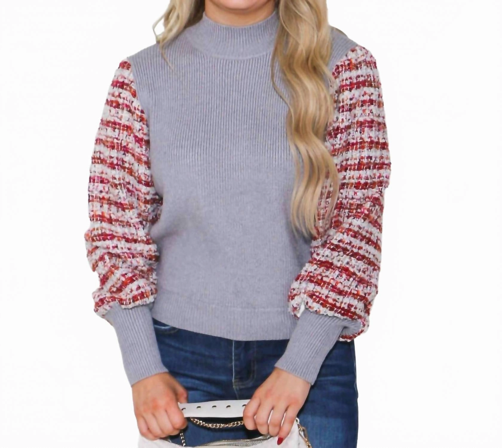 Stretch Knit Technology Windproof Weave Women's Mixed Media Sweater Top In Grey