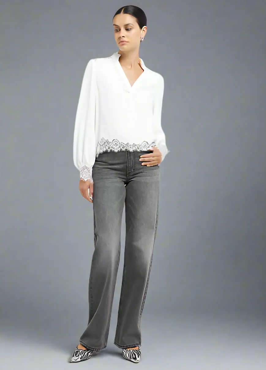 Ivory Lace Trim Blouse FlexibleWaistband RaglanSleeve