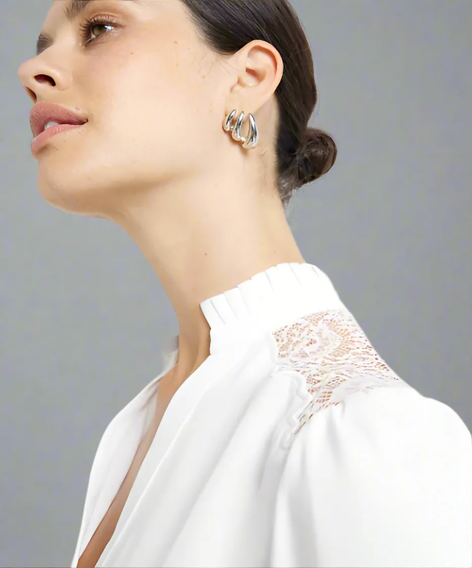 Ivory Lace Trim Blouse BreathableBackVents WrinkleFree Weaving