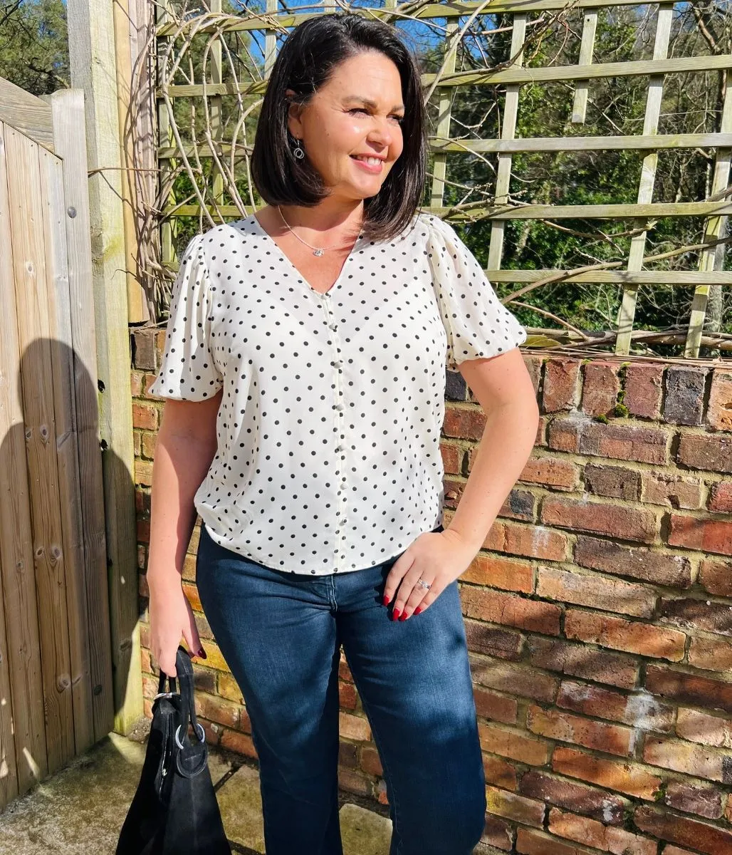 Ivory Polka Dot Print Puff Sleeve Blouse AntiMicrobialLining