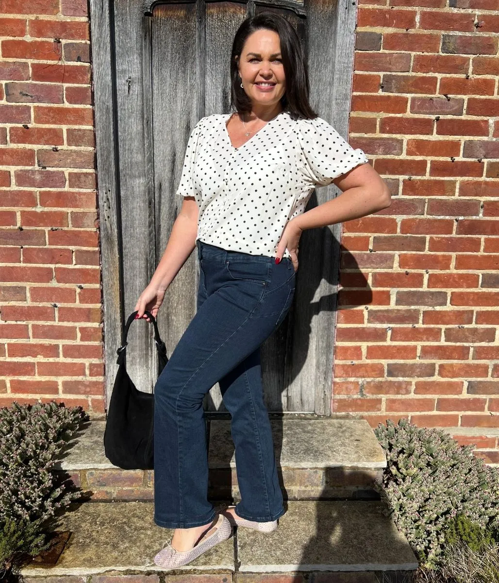 Hidden Ventilation Zones Ivory Polka Dot Print Puff Sleeve Blouse