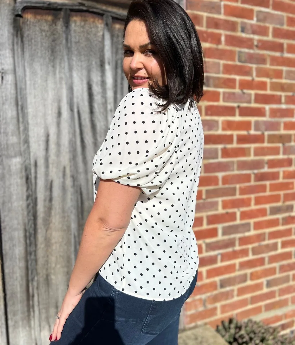 Elegant Cut Stylish Look Ivory Polka Dot Print Puff Sleeve Blouse
