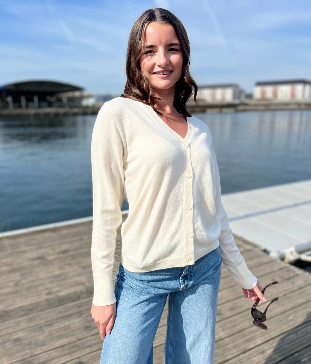 Stretch Waist Comfortable Knitwear Ivory Merino Wool Cardigan