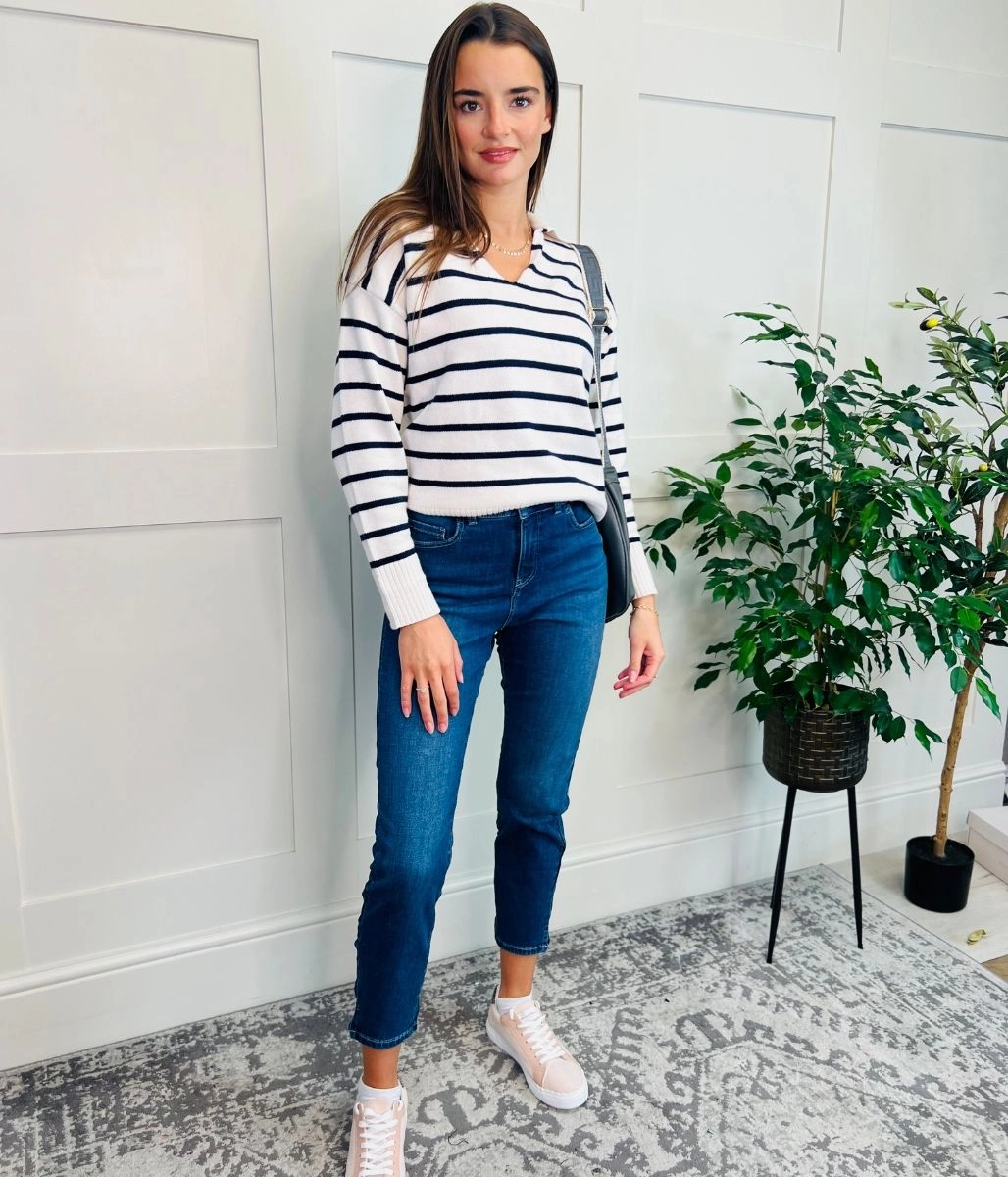 Ivory Striped Collared Jumper Comfy and Cozy