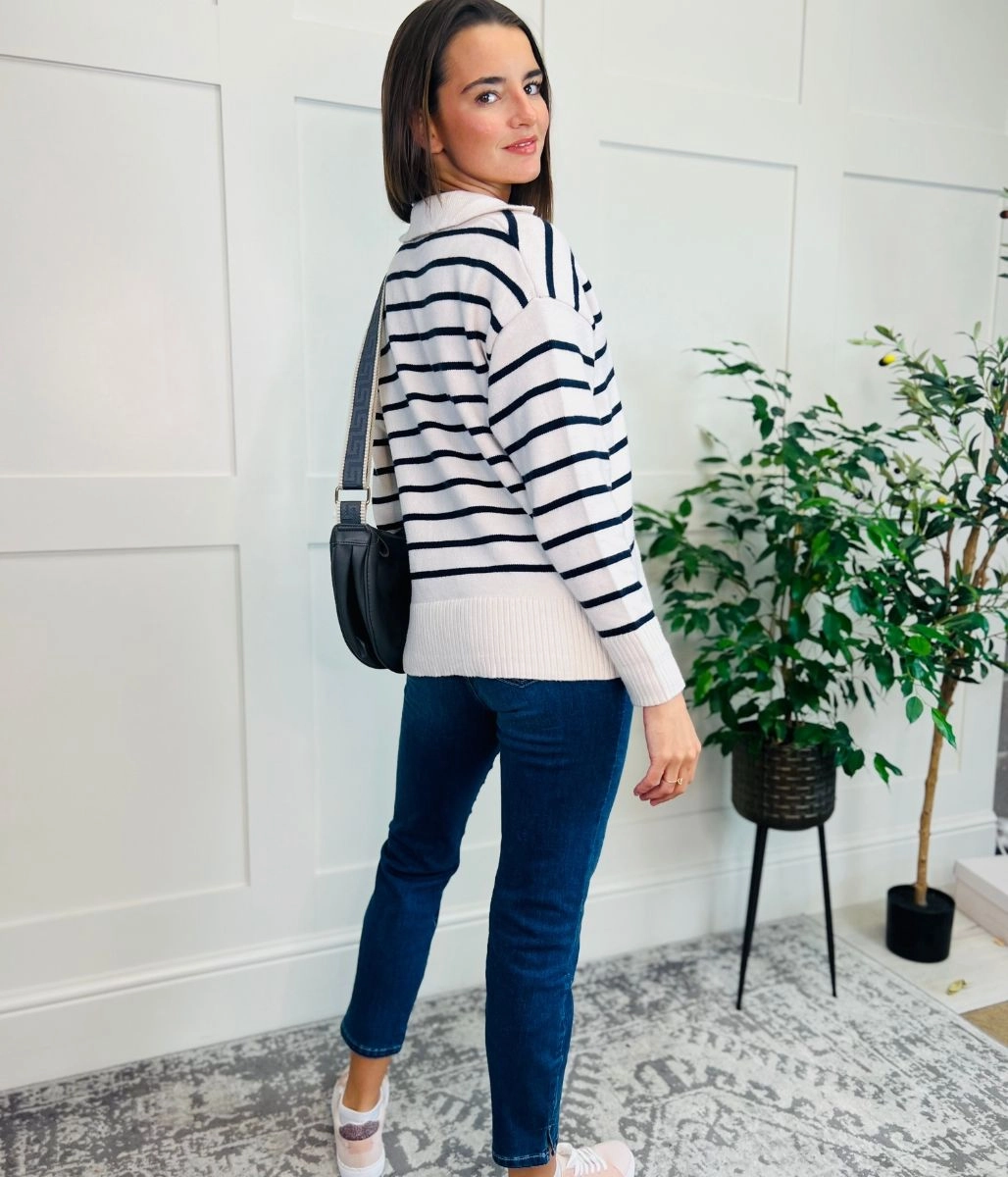 Ivory Striped Collared Jumper Quick Comfort Fit
