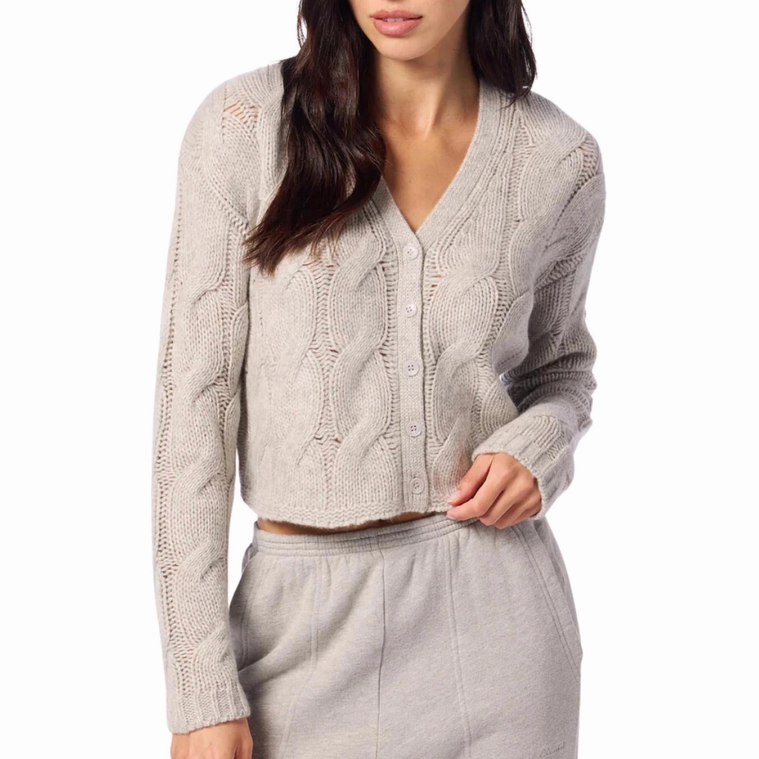 Everyday Layers Jolie V-Nec Cropped Cable Cashmere Cardigan In Foggy