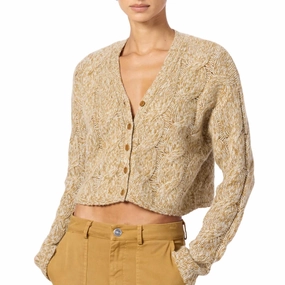 Jolie V-Nec Cropped Cable Cashmere Cardigan In Marled Matte Gold Everyday Knit