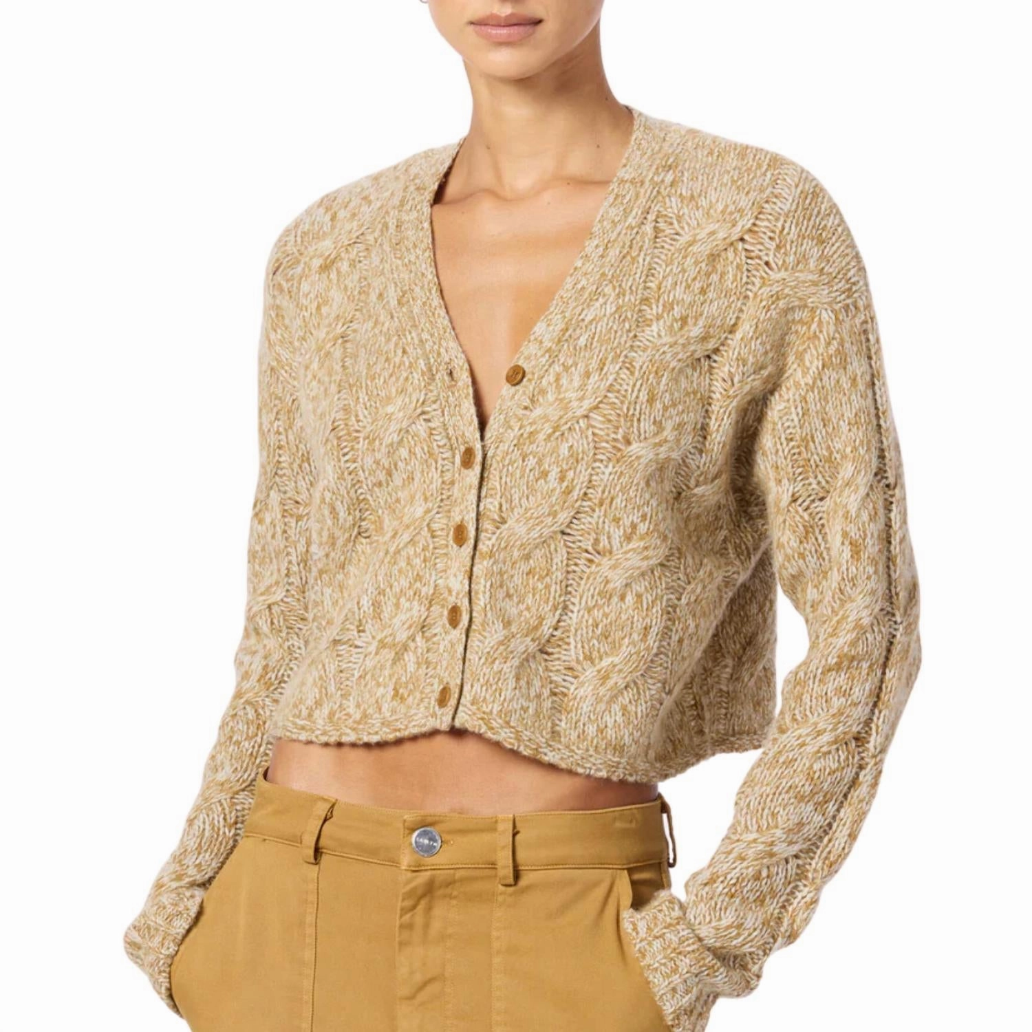 Jolie V-Nec Cropped Cable Cashmere Cardigan In Marled Matte Gold Smart Wear Chilly Layer Look