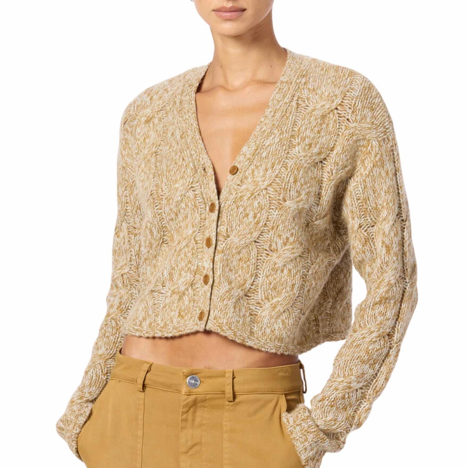 Jolie V-Nec Cropped Cable Cashmere Cardigan In Marled Matte Gold Everyday Knit