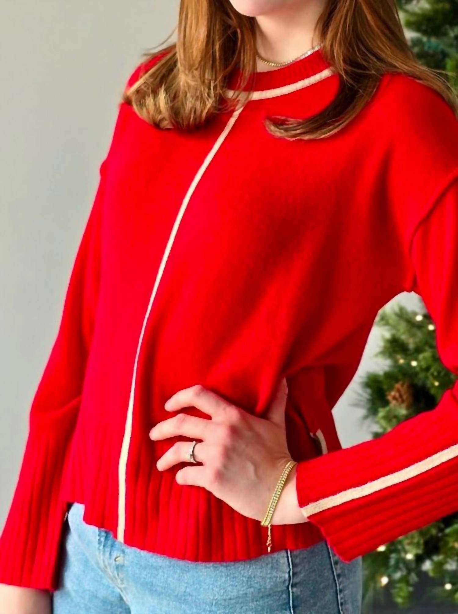 Juliette Boxy Crew Sweater In Red/chai Relaxed Silhouette Timeless Cozy