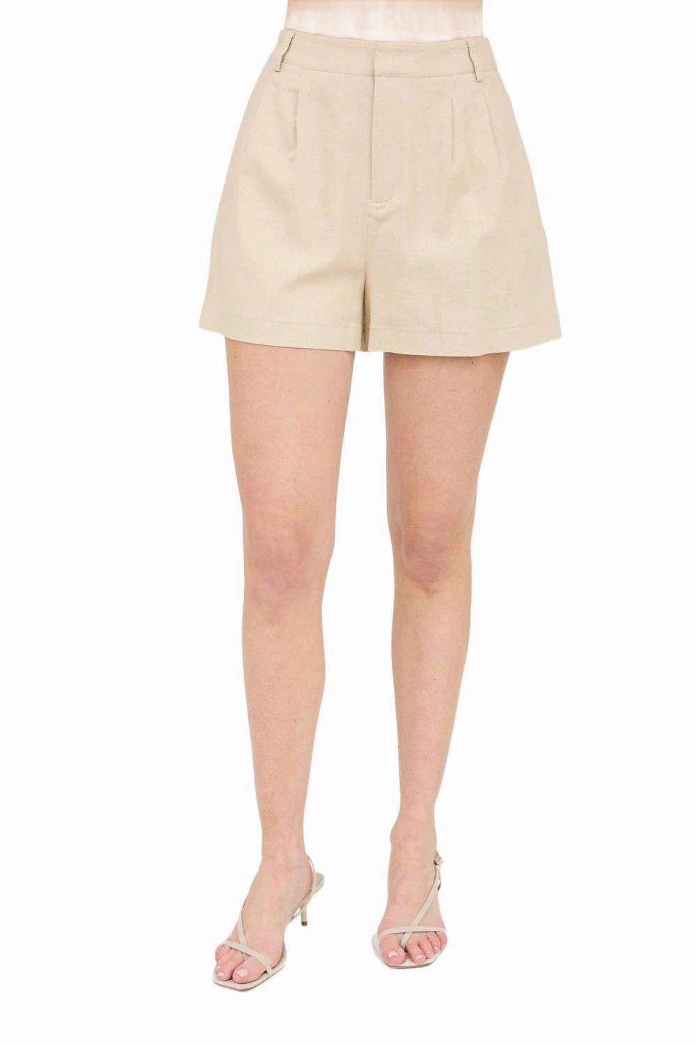 Kalene High-Waist Front Pleat Shorts In Khaki Stretchy Hemline Double Layered Panels