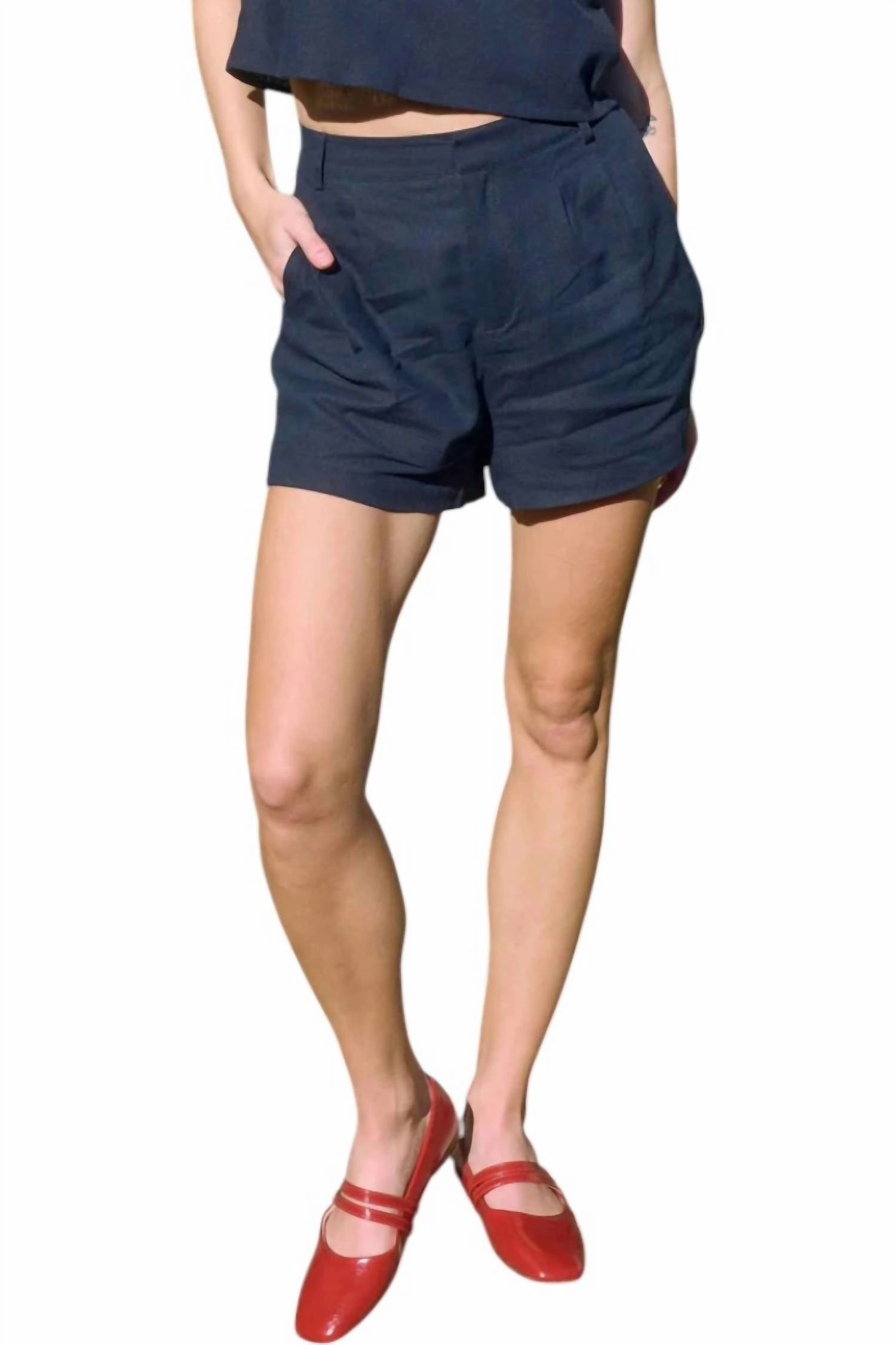Kalene High-Waist Front Pleat Shorts In Navy Wrinkle Resistant Treatment suede look