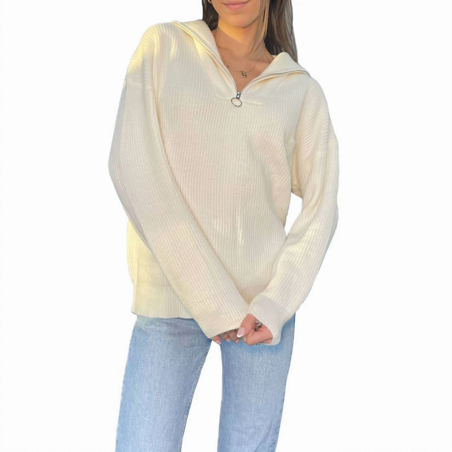 Collared Half Zip Up Sweater In Cream Trendy Design