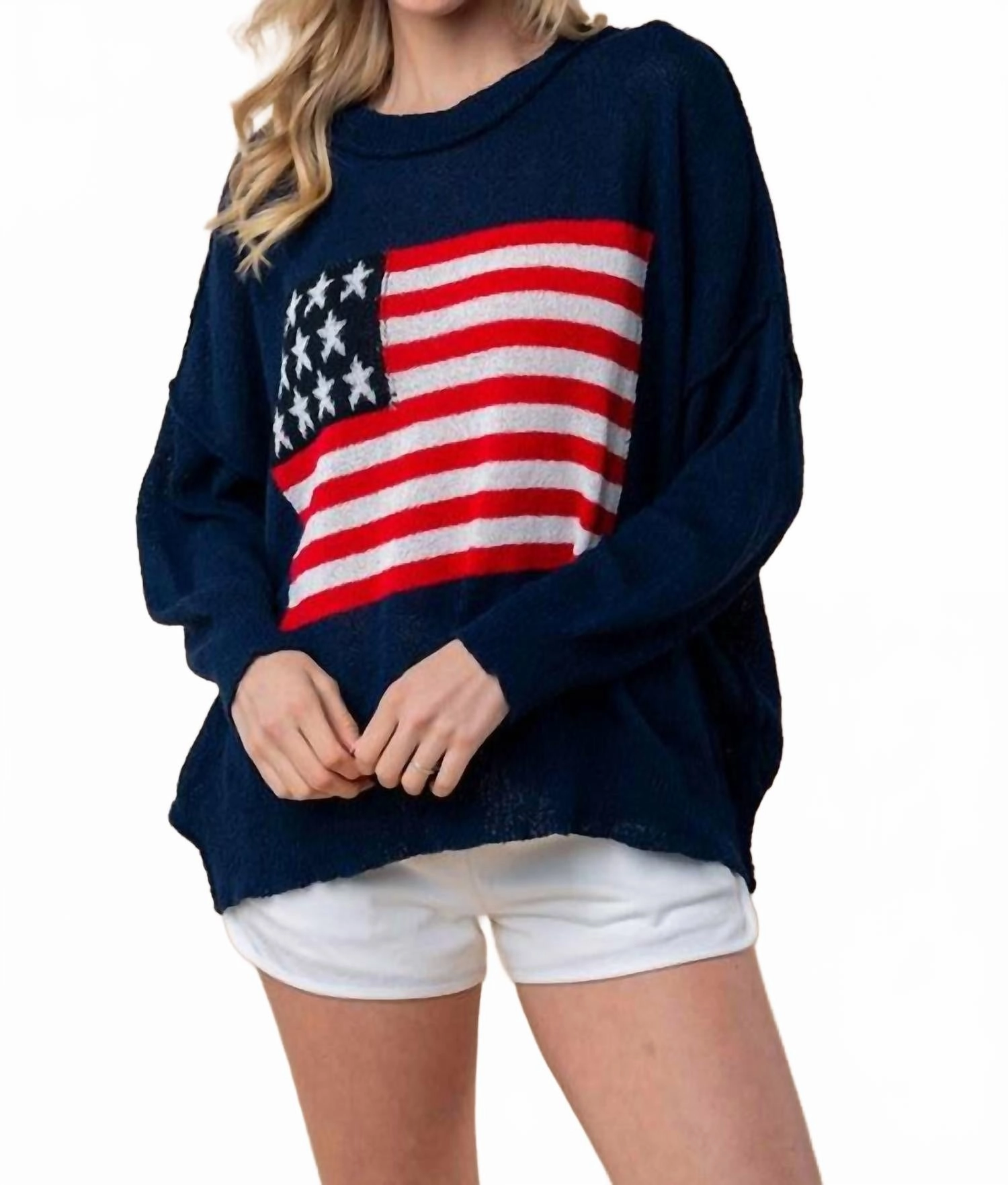 Comfy Vibe American Flag Print Lightweight Sweater - Plus In Navy