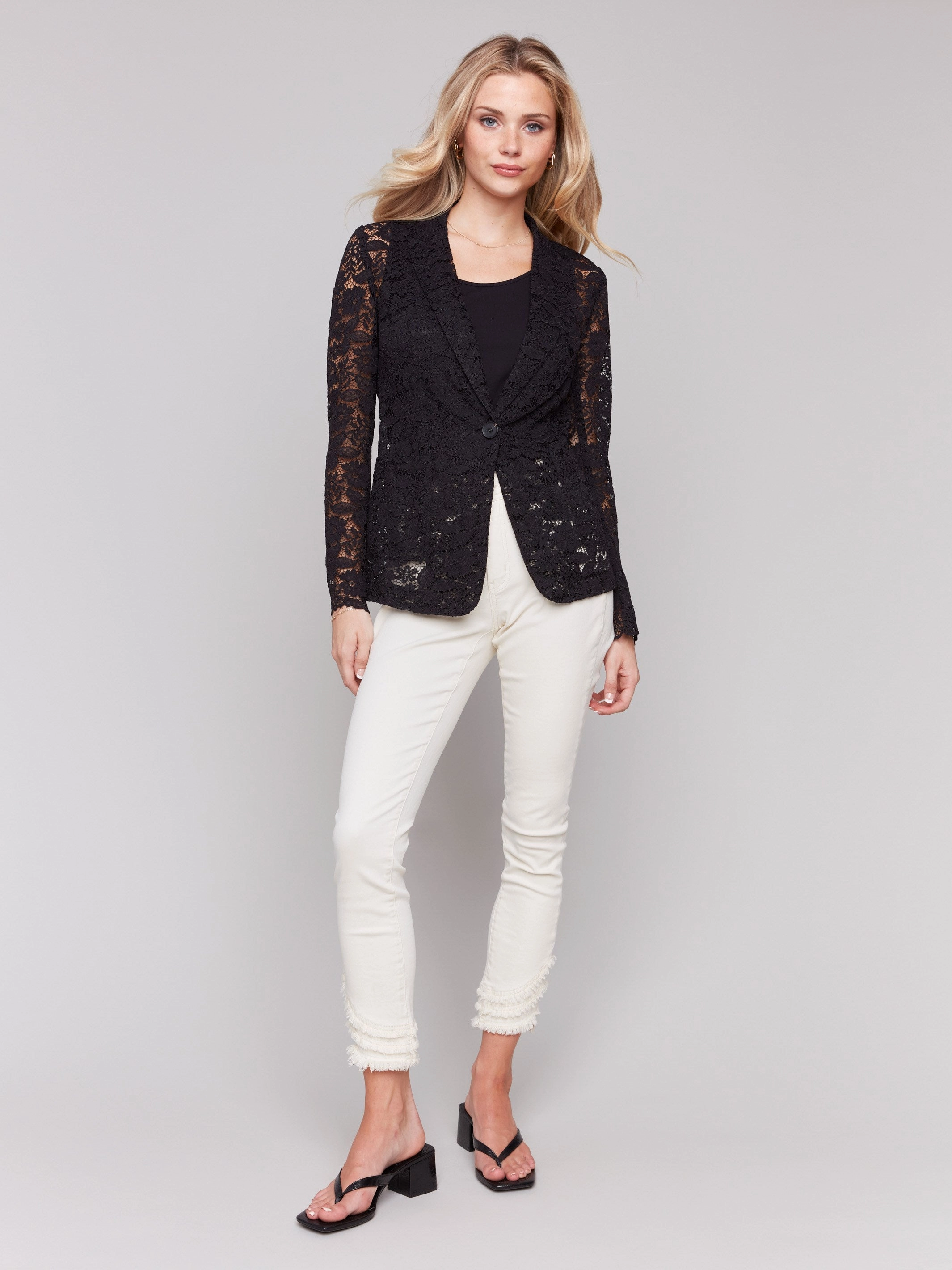 Elastic Binding Transitional Look Lace Blazer - Black