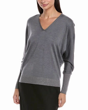 Lafayette 148 New York V-Neck Dolman Wool & Silk-Blend Sweater Breathable Textured Fabric Subtle Texture Detail