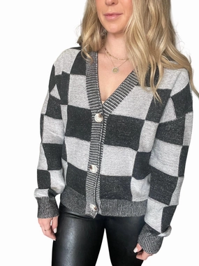 Drop Shoulder Cut Lainey Checkered Cardigan In Black