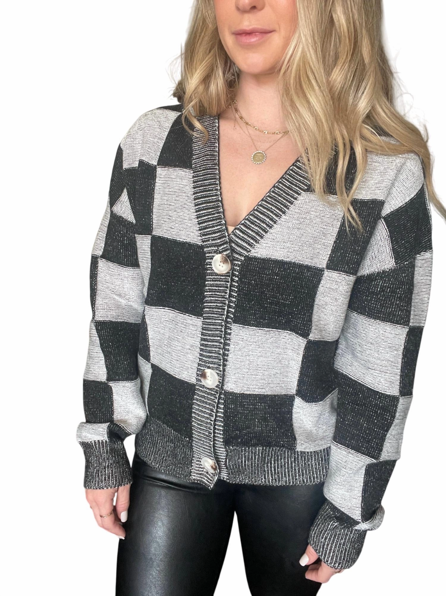 Elastic hem Versatile Knit Lainey Checkered Cardigan In Black