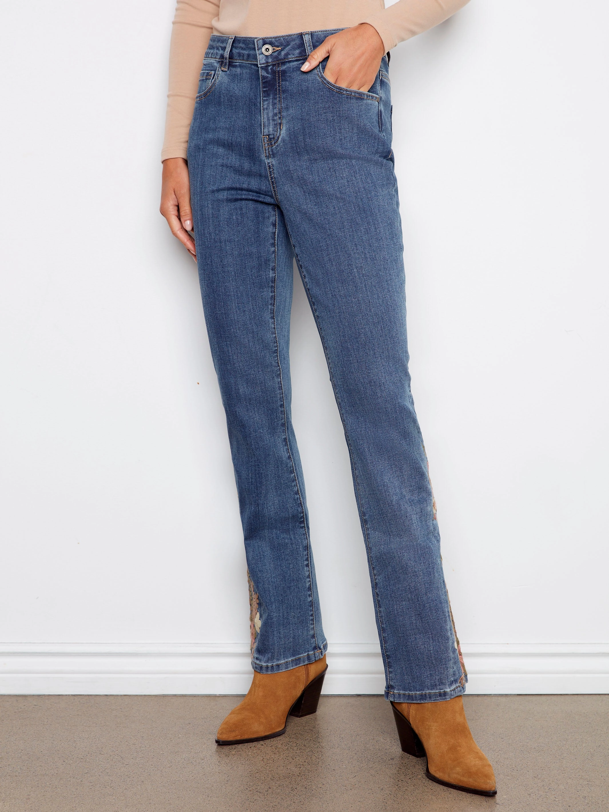 Bootcut Jeans With Floral Embroidery - Medium Blue Traveler Gear Bold Look