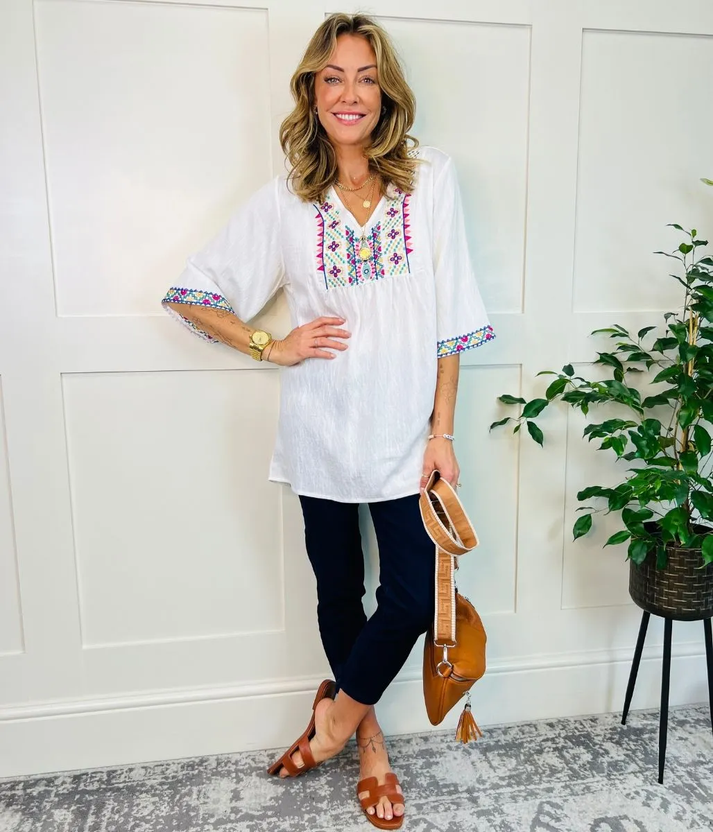 Sporty T-shirt Rolled Hem Detailing Ivory Embroidered V Neck Top