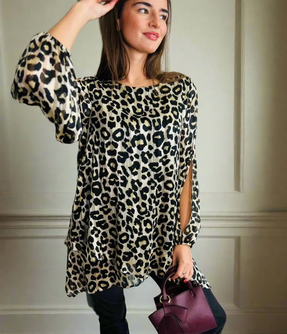 Reflective Trim Details Tear Resistant Fiber Blend Leopard Print Metallic Tunic Top