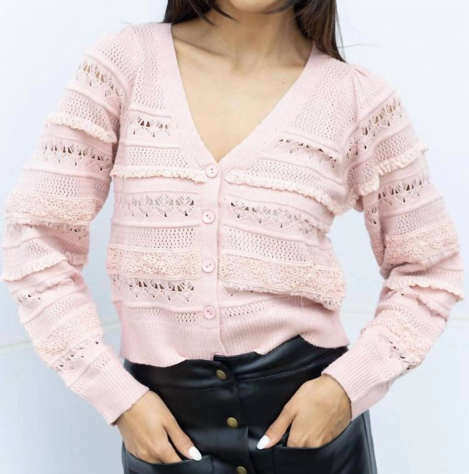 Cozy Texture Breathable Mesh Panels Levy Crochet Cardigan In Blush Pink