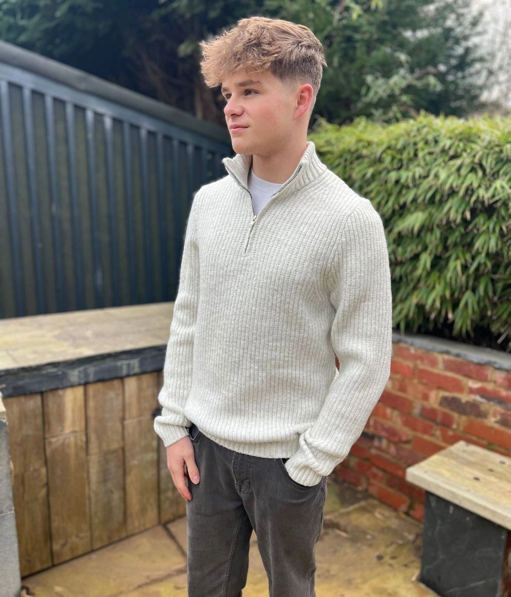 Light Grey Mens Half Zip Jumper Thermal Lock Stitching Layered Wearable