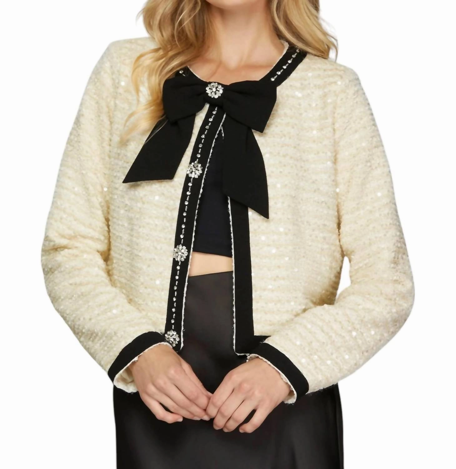 Comfy Style Bow Jacket In Black/cream