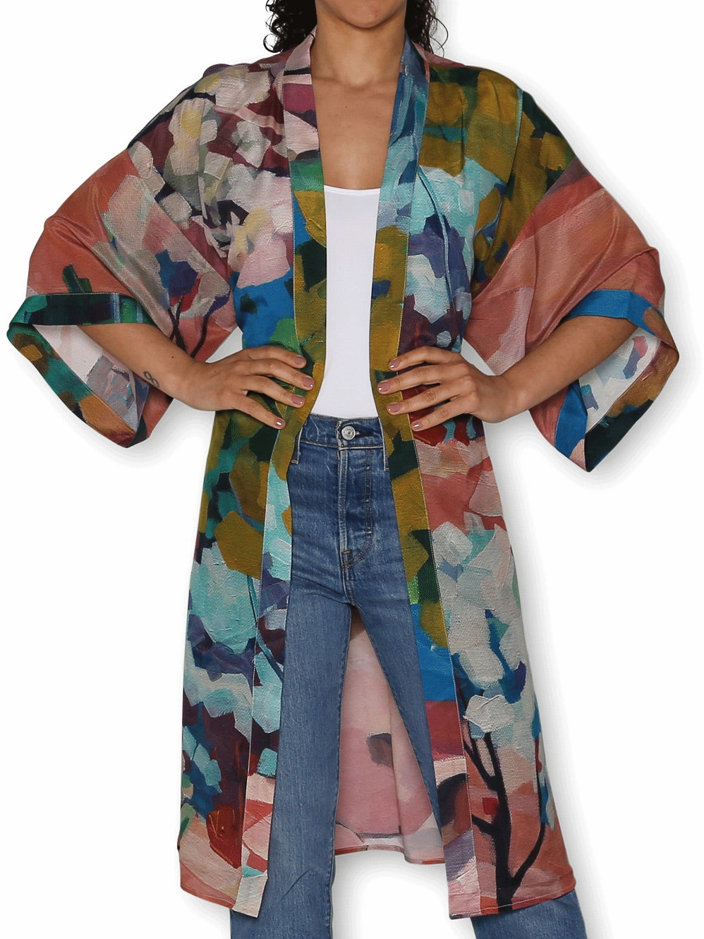 THE ARTISTS LABEL PINK GRANITE LONG SILK KIMONO Dual Layer Insulation Sleek Casual