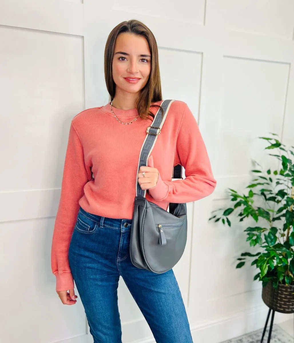 Salmon Pink Round Neck Sweatshirt ConvertibleCollar