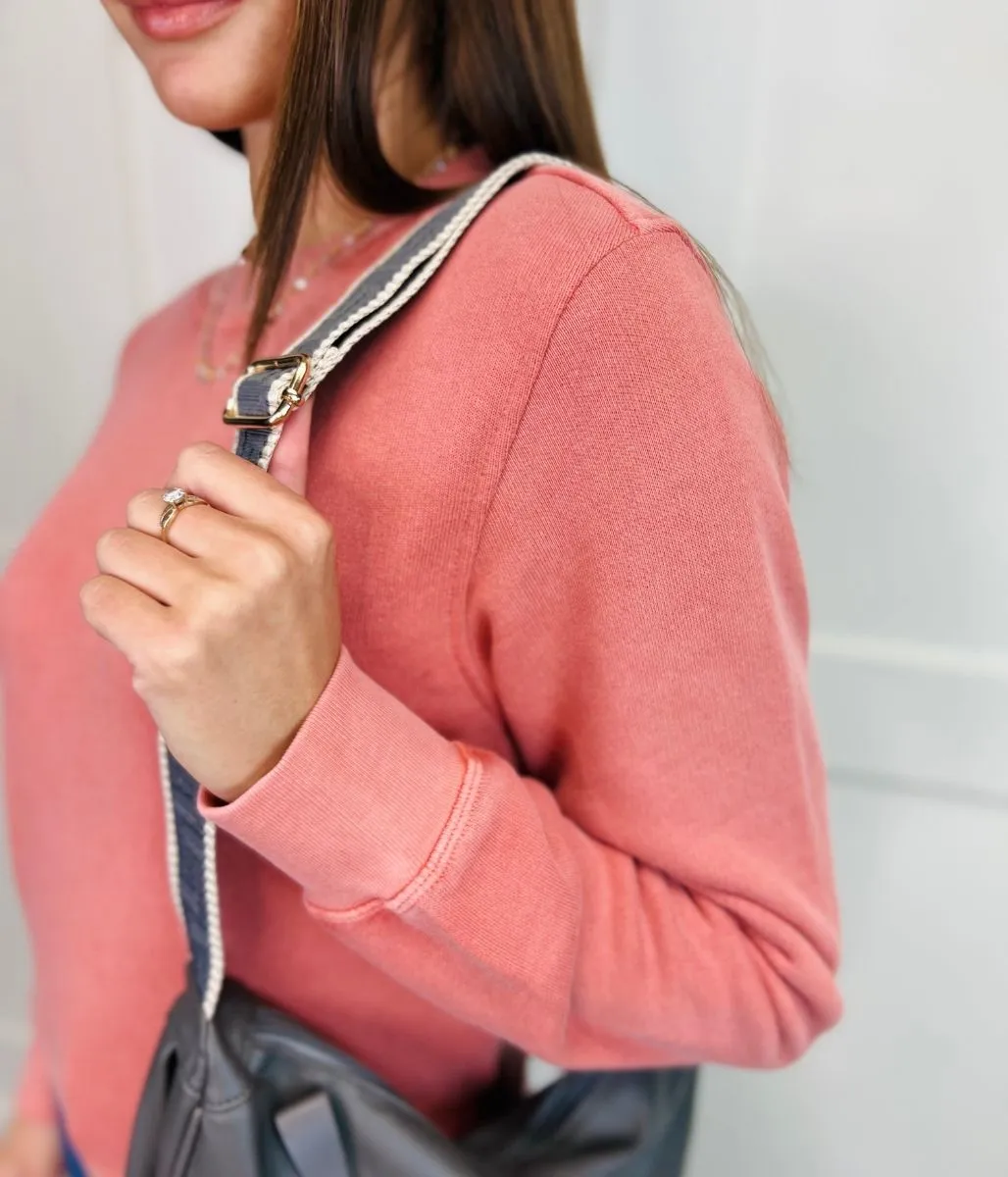 Ribbed Hem Salmon Pink Round Neck Sweatshirt