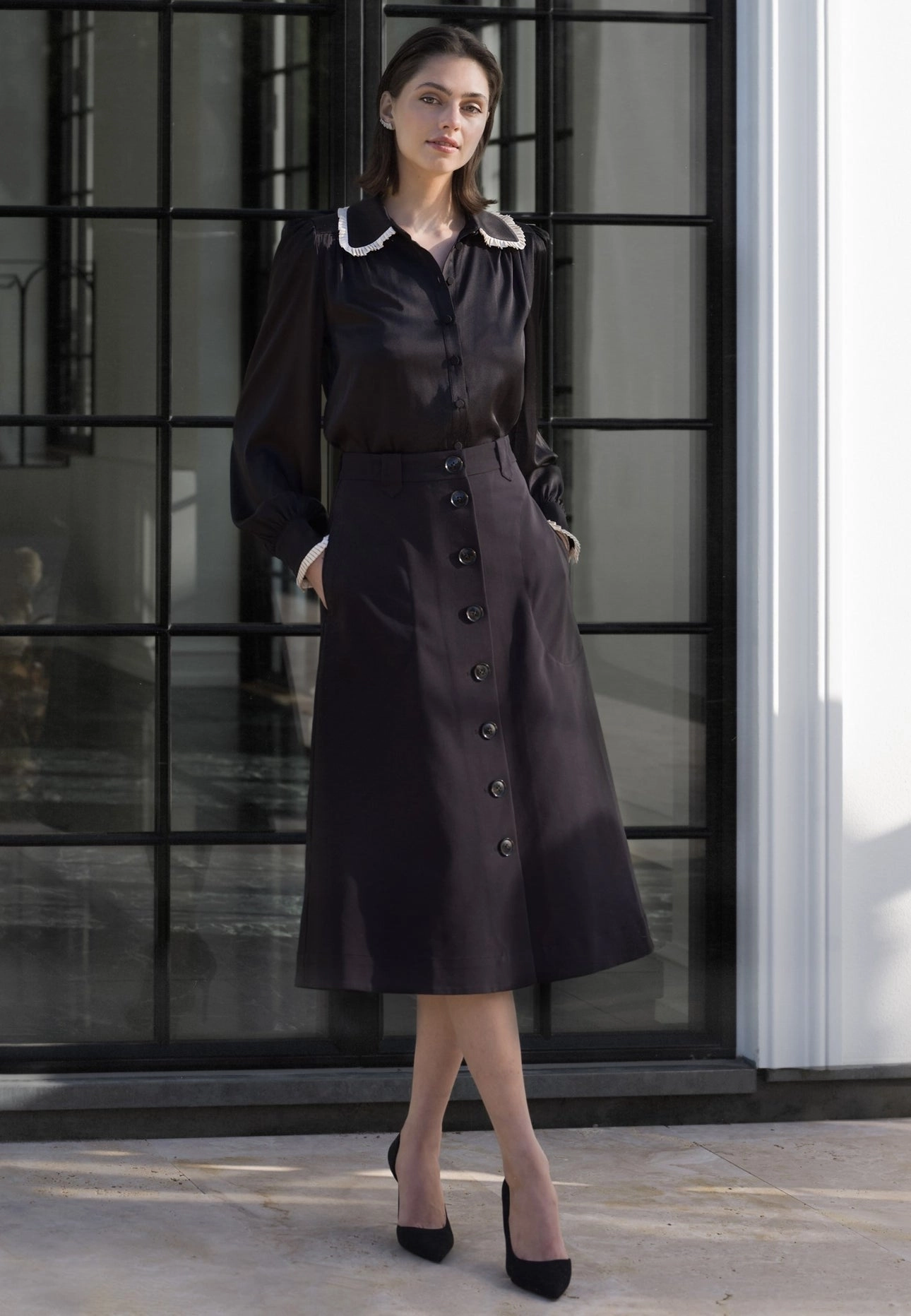 Umadea Blouse - Black/Porcelain EcoFriendlyBlend Microfiber texture