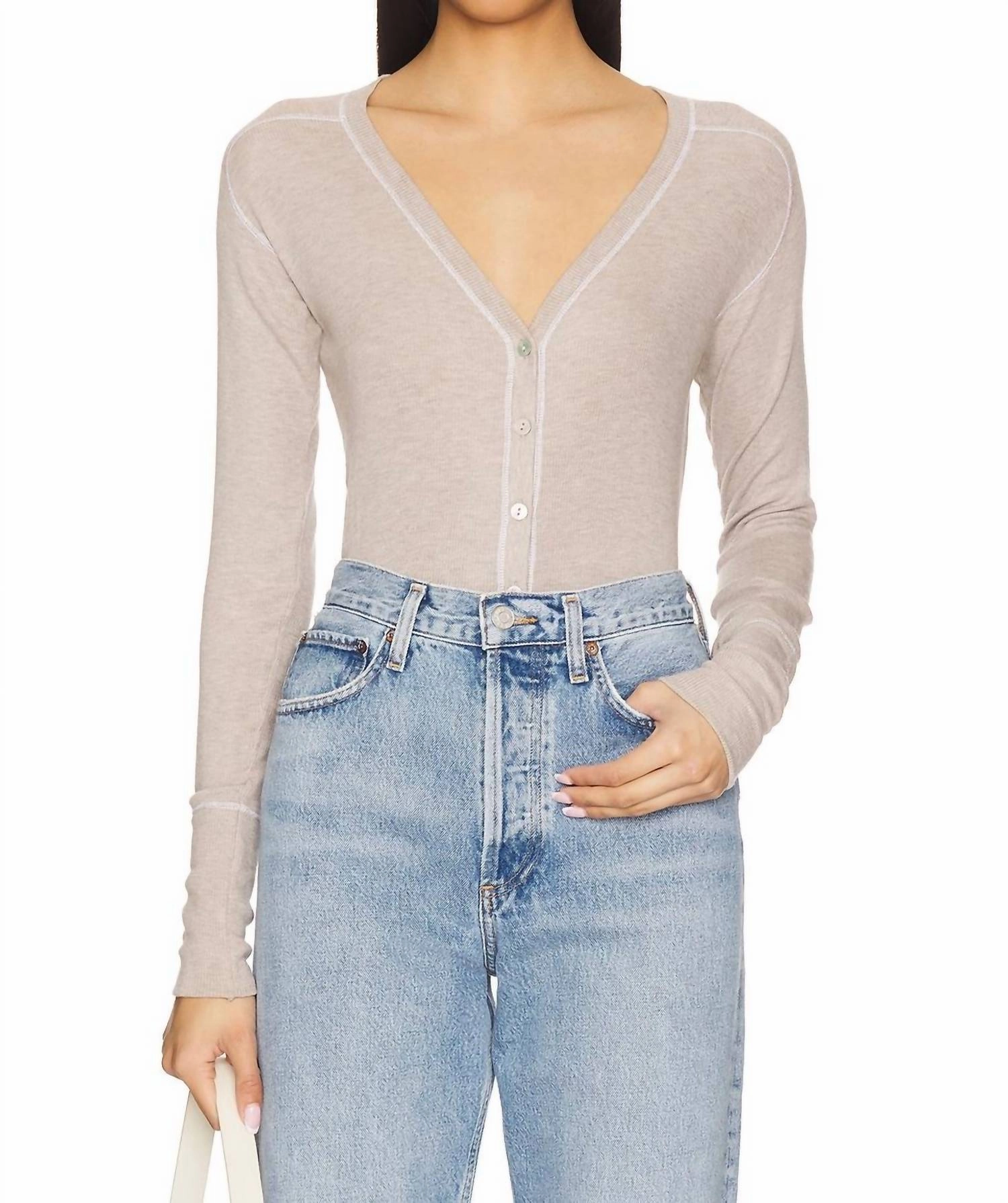 Casual Outfit Lilian Saddle Shoulder V-Neck Cardigan In Taupe Heather/white