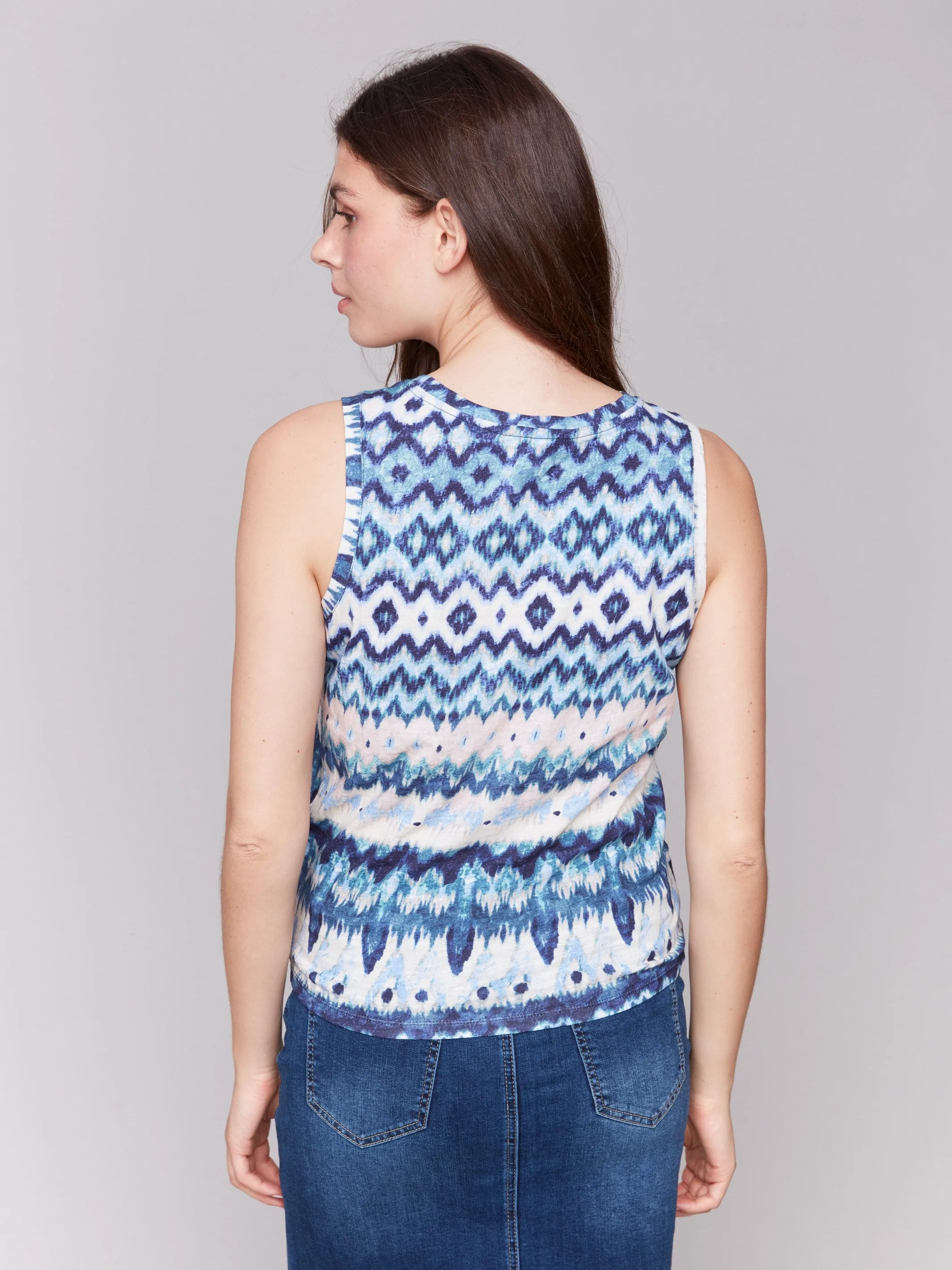 Printed Cotton Slub Tank Top with Knot Detail - Lake Tahoe Airflow Optimized Weave Rubberized grip