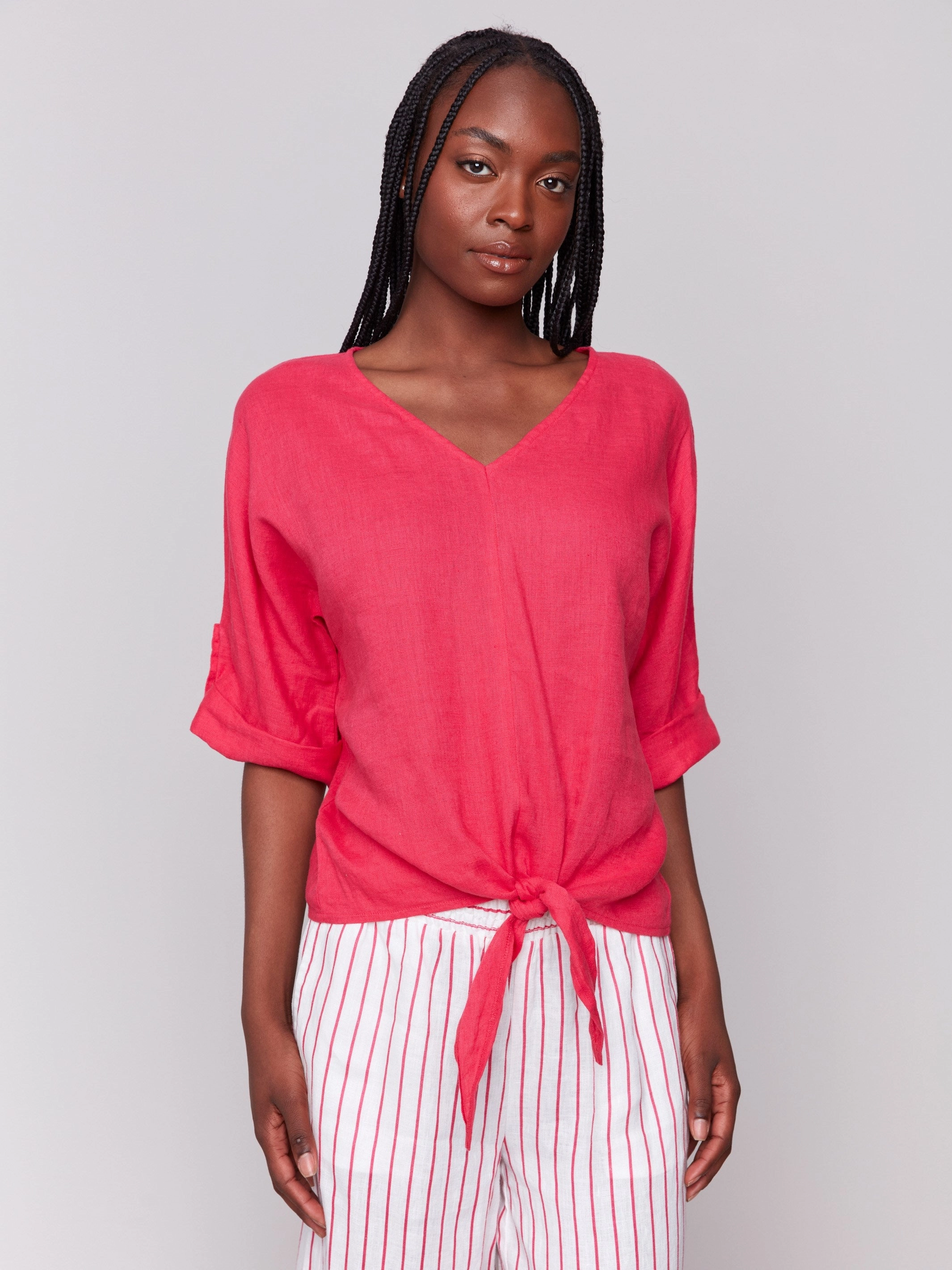 Linen Blend 3/4 Sleeve Top with Front Tie - Paradise Non Restrictive Armhole