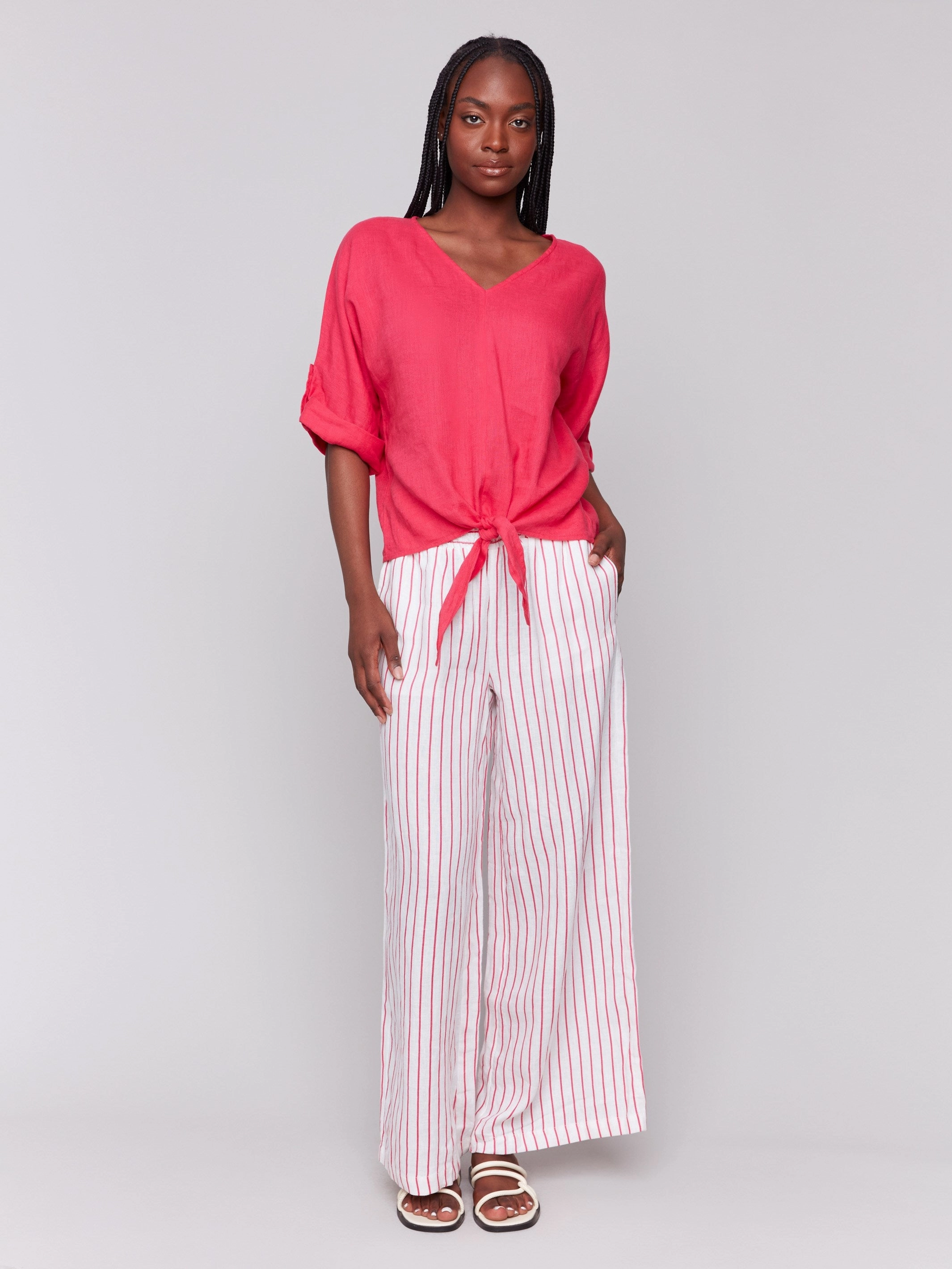 Linen Blend 3/4 Sleeve Top with Front Tie - Paradise First Date Cocktail Event